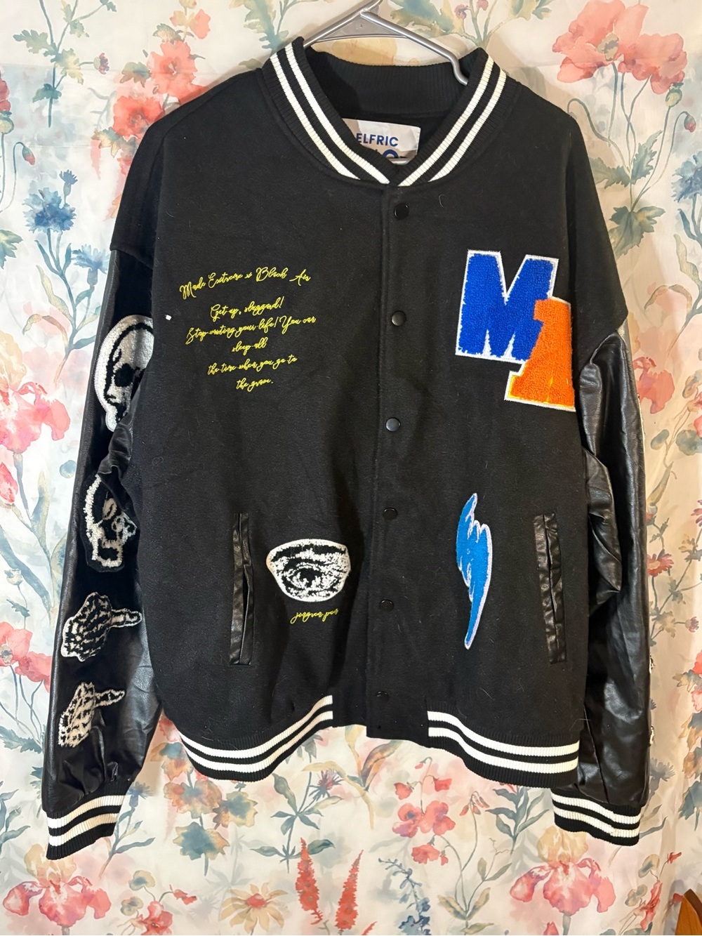 Aelfric Eden Black Varsity Jacket with Blue & Orange Letter Patch